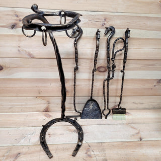 Horse Fireplace Tool Set – Hand Forged Wrought Iron Fire Tools – Equestrian Decor with Horse Head Handles – Rustic Barn Style Gift