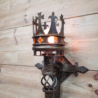Hand Forged Wall Torch Sconce with Crown. Medieval Rustic Iron Wall Lamp. Gothic Castle Lighting. Wrought Iron Candle Style Light
