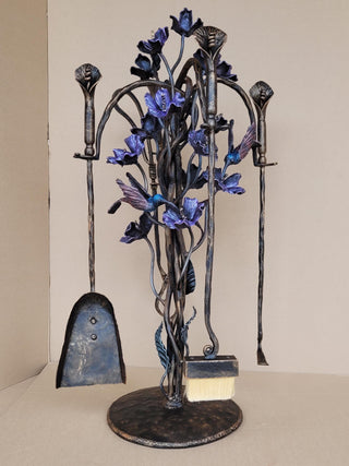 Hand Forged Fireplace Tool Set with Flowers and Hummingbirds