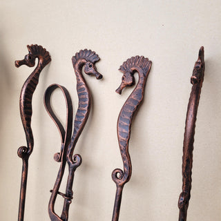 Seahorse Fireplace Tool Set – Hand Forged Wrought Iron Fire Tools, Heavy Duty Nautical Ocean Decor Stand