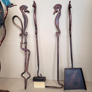 Seahorse Fireplace Tool Set – Hand Forged Wrought Iron Fire Tools, Heavy Duty Nautical Ocean Decor Stand
