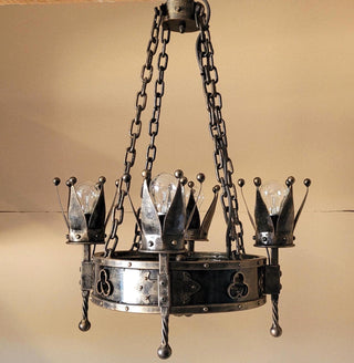 Wrought Iron Crown Chandelier – Medieval Rustic Pendant Light, 18.5" (47 cm) Handmade Blacksmith Lighting for Castle, Dining, Entryway