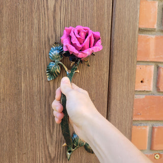 Hand Forged Pink Rose Door Pull: Metal Flower Handle