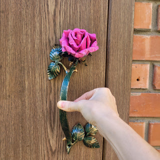 Hand Forged Pink Rose Door Pull: Metal Flower Handle