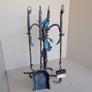 Wrought Iron Fireplace Tool Set with Oak Leaves and Acorns – Hand Forged Fire Tools