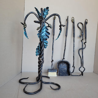 Wrought Iron Fireplace Tool Set with Oak Leaves and Acorns – Hand Forged Fire Tools