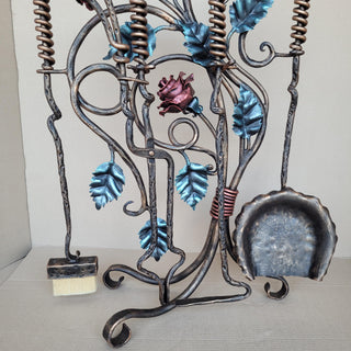 Wrought Iron Fireplace Tool Set with Forged Roses – Handmade Romantic Hearth Decor