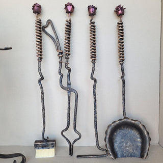 Wrought Iron Fireplace Tool Set with Forged Roses – Handmade Romantic Hearth Decor