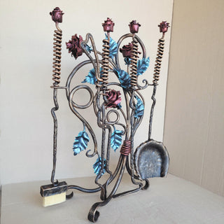 Wrought Iron Fireplace Tool Set with Forged Roses – Handmade Romantic Hearth Decor