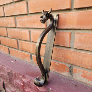 Hand-Forged Wrought Iron Cow Head Door Handle: Rustic Farmhouse Decor (bronze, 11.81" long)
