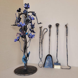 Hand Forged Fireplace Tool Set with Flowers and Hummingbirds