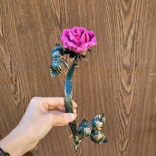 Hand Forged Pink Rose Door Pull: Metal Flower Handle