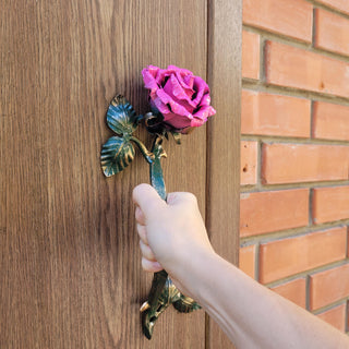 Hand Forged Pink Rose Door Pull: Metal Flower Handle