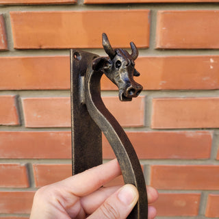 Hand-Forged Wrought Iron Cow Head Door Handle: Rustic Farmhouse Decor (bronze, 11.81" long)