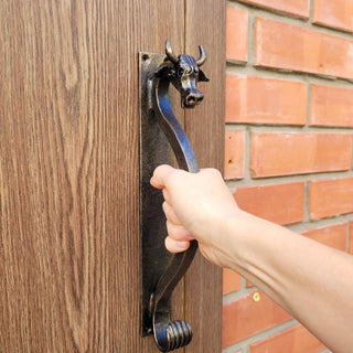 Hand-Forged Wrought Iron Cow Head Door Handle: Rustic Farmhouse Decor (bronze, 11.81" long)