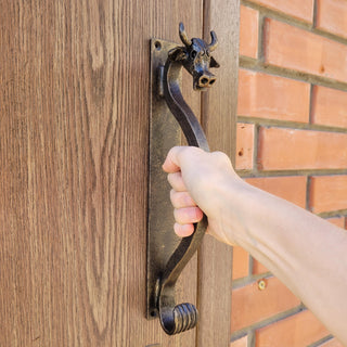 Hand-Forged Wrought Iron Cow Head Door Handle: Rustic Farmhouse Decor (bronze, 11.81" long)