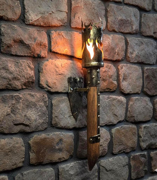 Medieval Wall Torch Sconce: Rustic Iron & Wood Flame Lantern