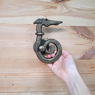 Hand Forged Dog Door Handle – Bronze Patina Iron Door Pull | Rustic Animal Shaped Door Handle | Unique Handmade Metal Door Hardware