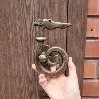 Hand Forged Dog Door Handle – Bronze Patina Iron Door Pull | Rustic Animal Shaped Door Handle | Unique Handmade Metal Door Hardware
