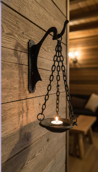 Hanging candlestick bowl on a chains, wrought iron candle holder, black matte candlestick