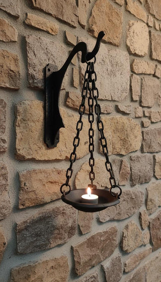 Hanging candlestick bowl on a chains, wrought iron candle holder, black matte candlestick