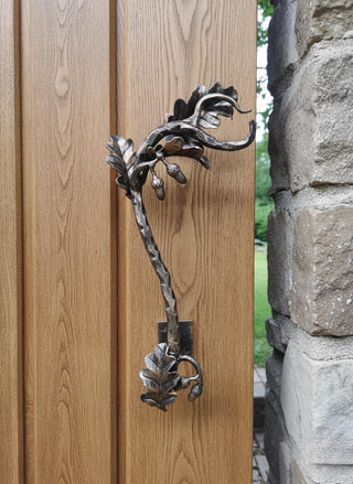 Hand Forged Wrought Iron Door Handle: Oak Branch Design