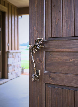Hand Forged Wrought Iron Door Handle: Oak Branch Design
