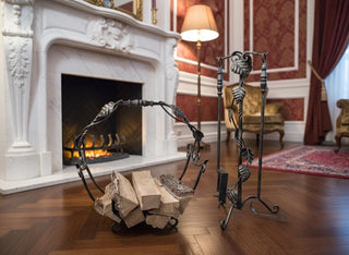 Hand Forged Fireplace Tool Set with Firewood Storage