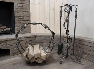 Hand Forged Fireplace Tool Set with Firewood Storage