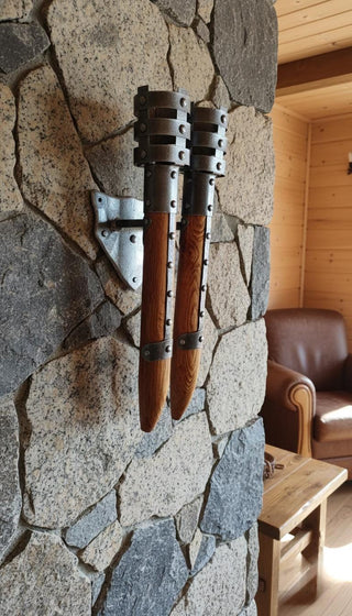 Medieval Torch, Viking style wooden sconce light fixture, wall lighting