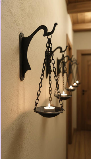Hanging candlestick bowl on a chains, wrought iron candle holder, black matte candlestick