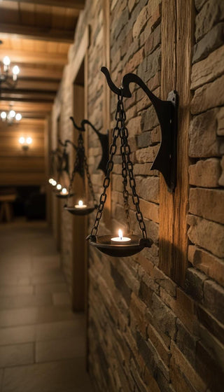 Hanging candlestick bowl on a chains, wrought iron candle holder, black matte candlestick