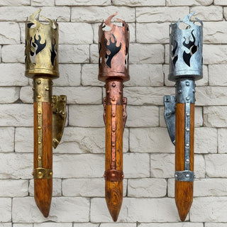 Medieval Wall Torch Sconce, Rustic Iron & Wood Flame Lantern, Gothic Wall Light, Viking Wall Decor, 3 Color Options