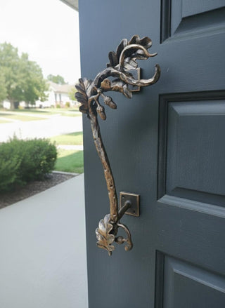 Hand Forged Wrought Iron Door Handle: Oak Branch Design