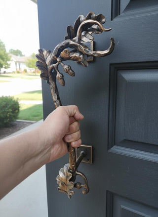 Hand Forged Wrought Iron Door Handle: Oak Branch Design
