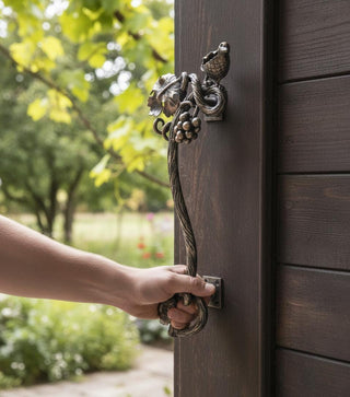 Hand Forged Wrought Iron Door Handle: Bird on Branch