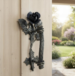 Hand Forged Rose Door Handle: Metal Flower Handle 13.38" Black Bronze