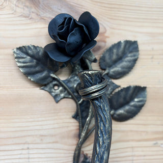 Hand Forged Rose Door Handle: Metal Flower Handle 13.38" Black Bronze