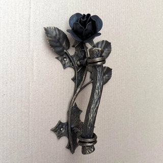 Hand Forged Rose Door Handle: Metal Flower Handle 13.38" Black Bronze