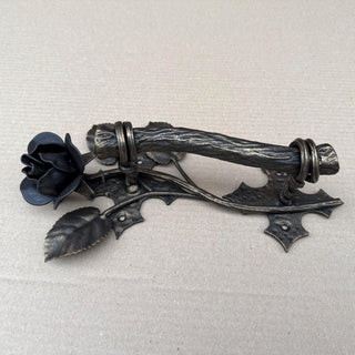 Hand Forged Rose Door Handle: Metal Flower Handle 13.38" Black Bronze