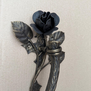 Hand Forged Rose Door Handle: Metal Flower Handle 13.38" Black Bronze