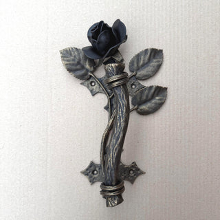 Hand Forged Rose Door Handle: Metal Flower Handle 13.38" Black Bronze
