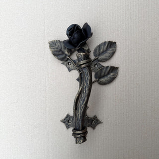 Hand Forged Rose Door Handle: Metal Flower Handle 13.38" Black Bronze