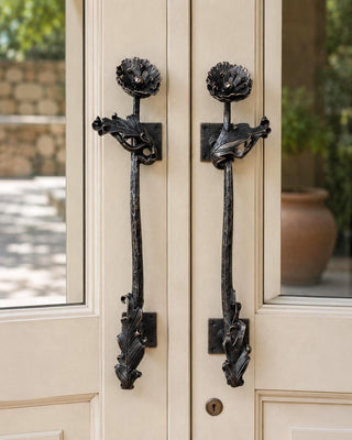 Hand Forged Poppy Door Handle – Rustic Floral Pull for Front Door