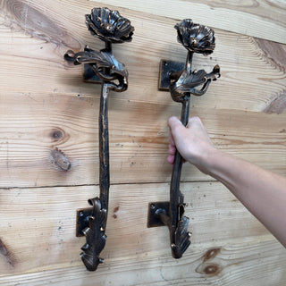 Hand Forged Poppy Door Handle – Rustic Floral Pull for Front Door
