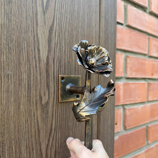 Hand Forged Poppy Door Handle – Rustic Floral Pull for Front Door