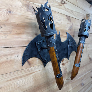 Hand Forged Gothic Double Wall Sconce, Medieval Bat Wing Wrought Iron Torch Light