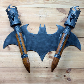 Hand Forged Gothic Double Wall Sconce, Medieval Bat Wing Wrought Iron Torch Light