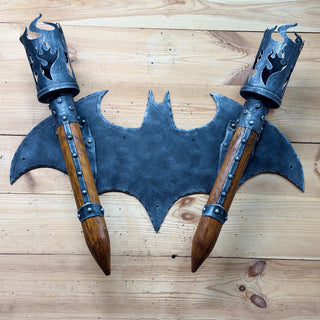 Hand Forged Gothic Double Wall Sconce, Medieval Bat Wing Wrought Iron Torch Light