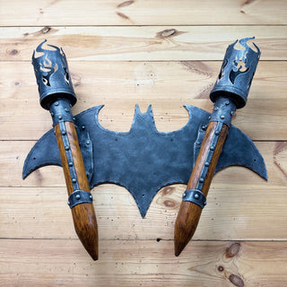 Hand Forged Gothic Double Wall Sconce, Medieval Bat Wing Wrought Iron Torch Light